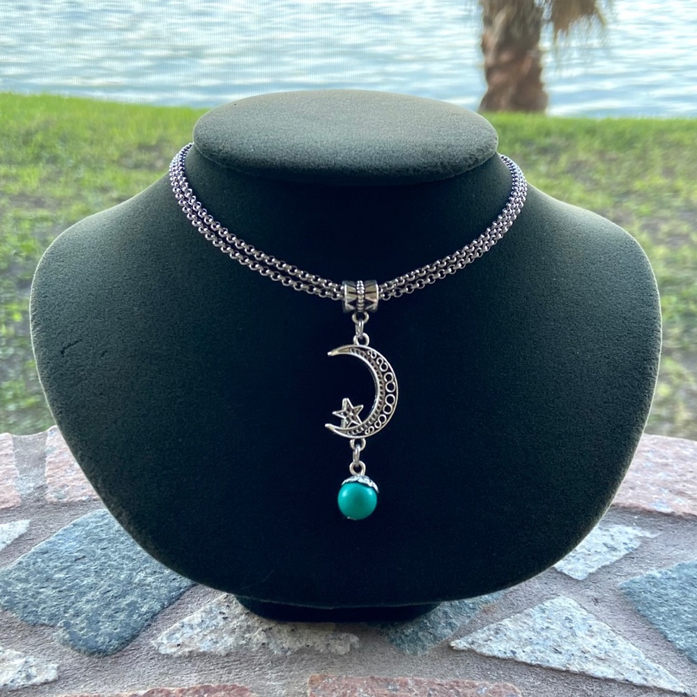 Stainless steel double chain moon star & turquoise - Picture 5 of 9